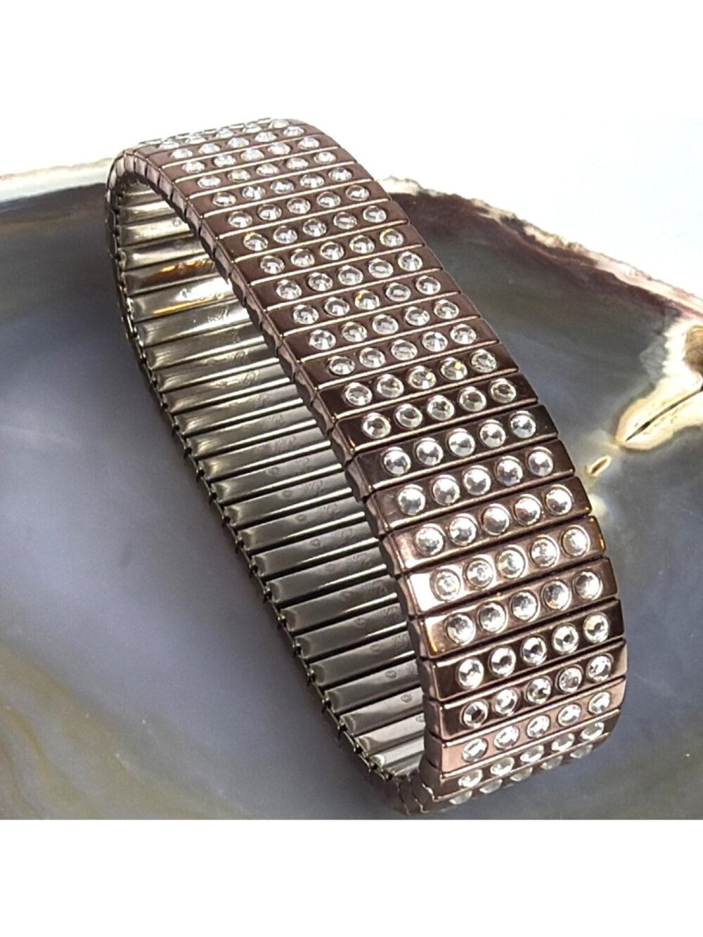 VTG Swarovski Crystal Signed 5 Row Rhinestone Copper Expansion Bracelet Gift Bag - Picture 3 of 16